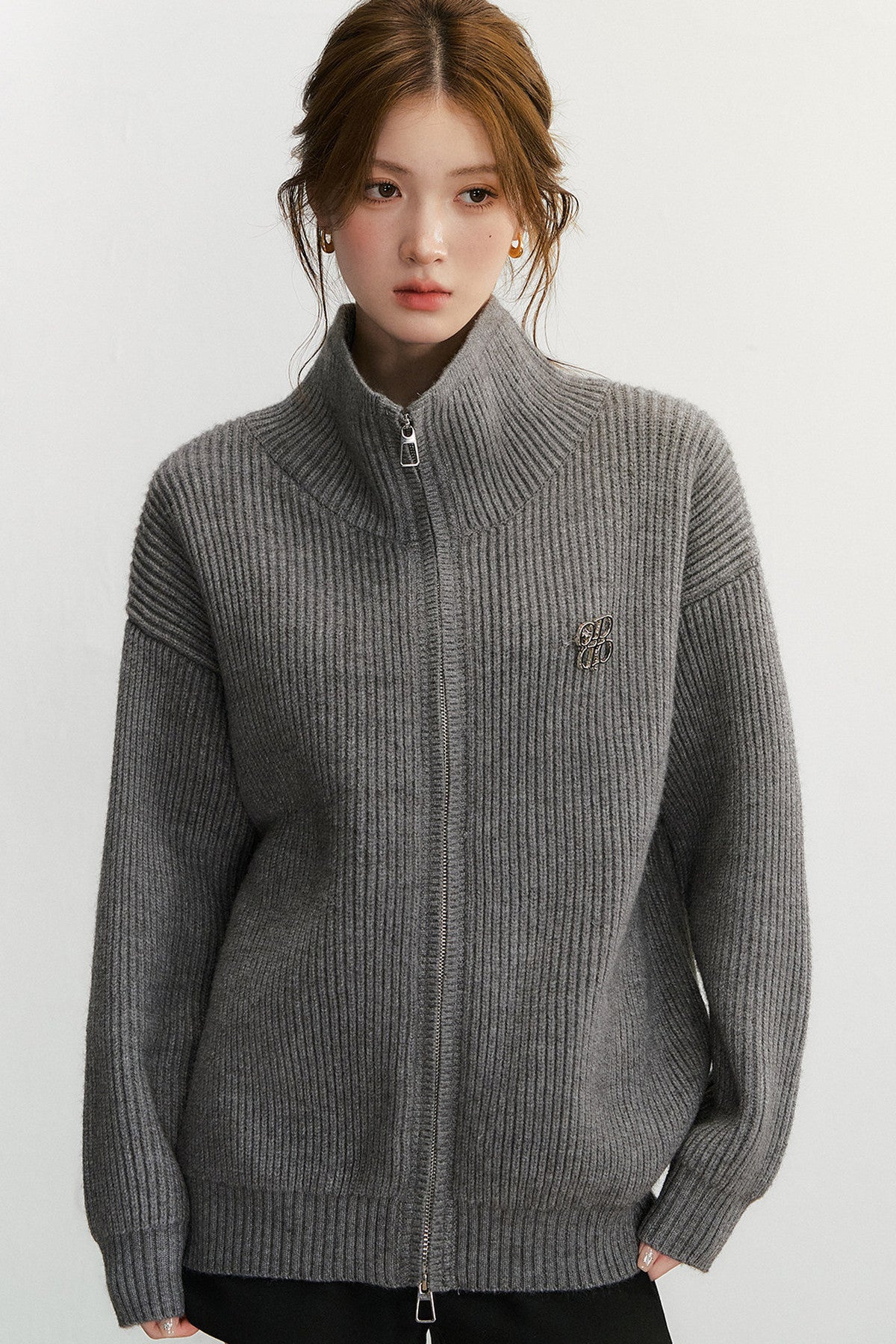 Grey Textured Zipper Knit Jacket
