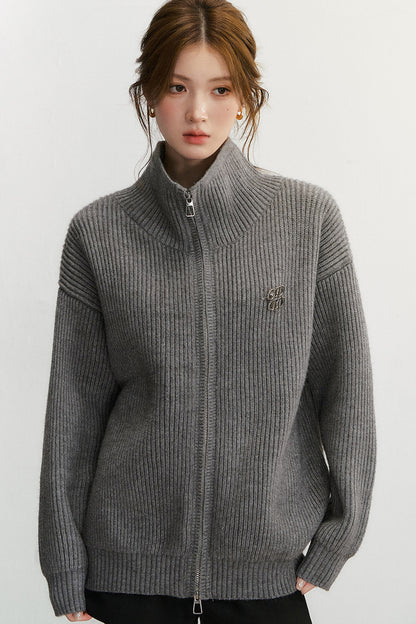 Grey Textured Zipper Knit Jacket
