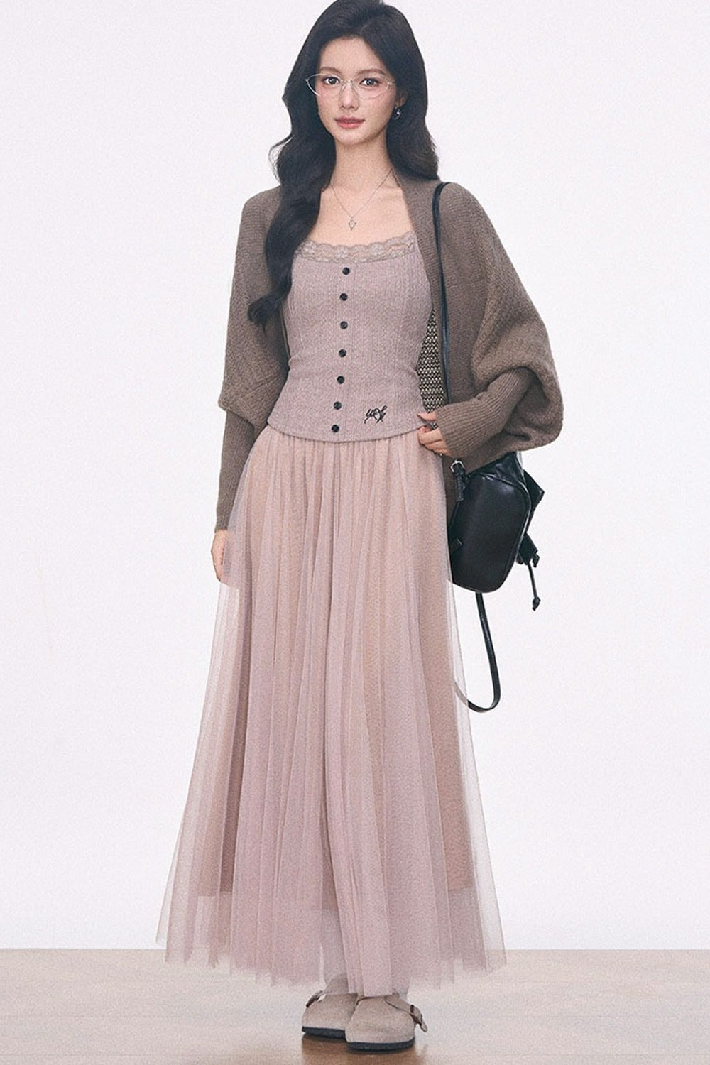 Ensemble 3 pièces en maille avec cardigan à manches chauve-souris et jupe