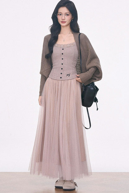 Ensemble 3 pièces en maille avec cardigan à manches chauve-souris et jupe