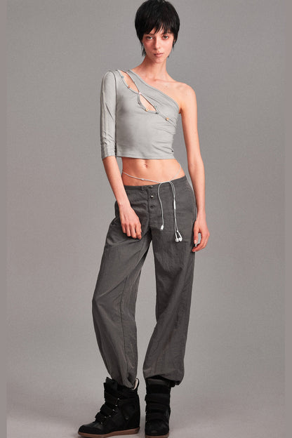 Asymmetrical Color-Button Off-Shoulder Top