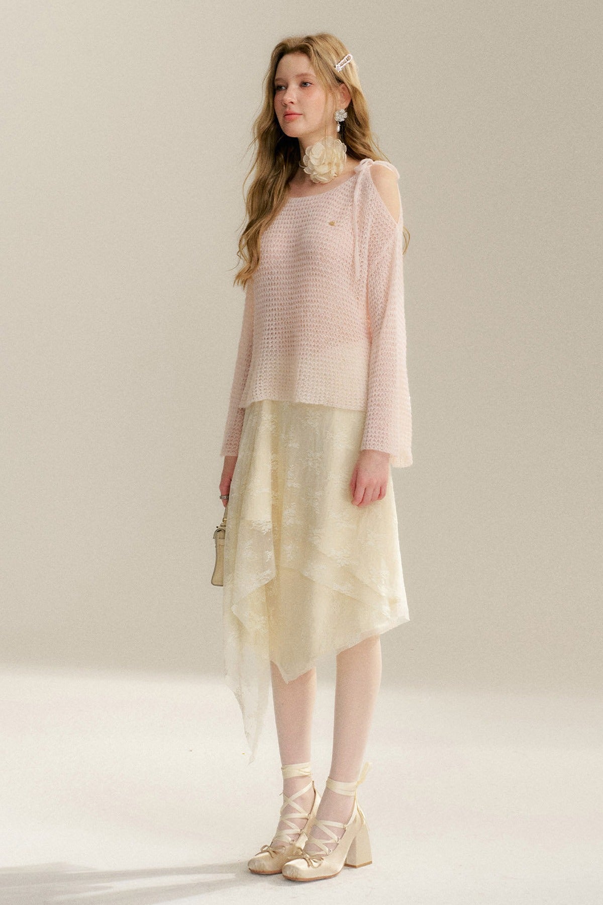 Lace-Up Off-Shoulder Knit Sweater