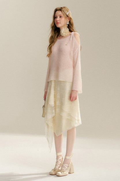 Lace-Up Off-Shoulder Knit Sweater