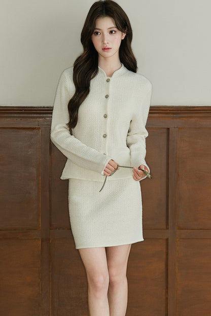 Conjunto de chaqueta y falda de lana texturizada