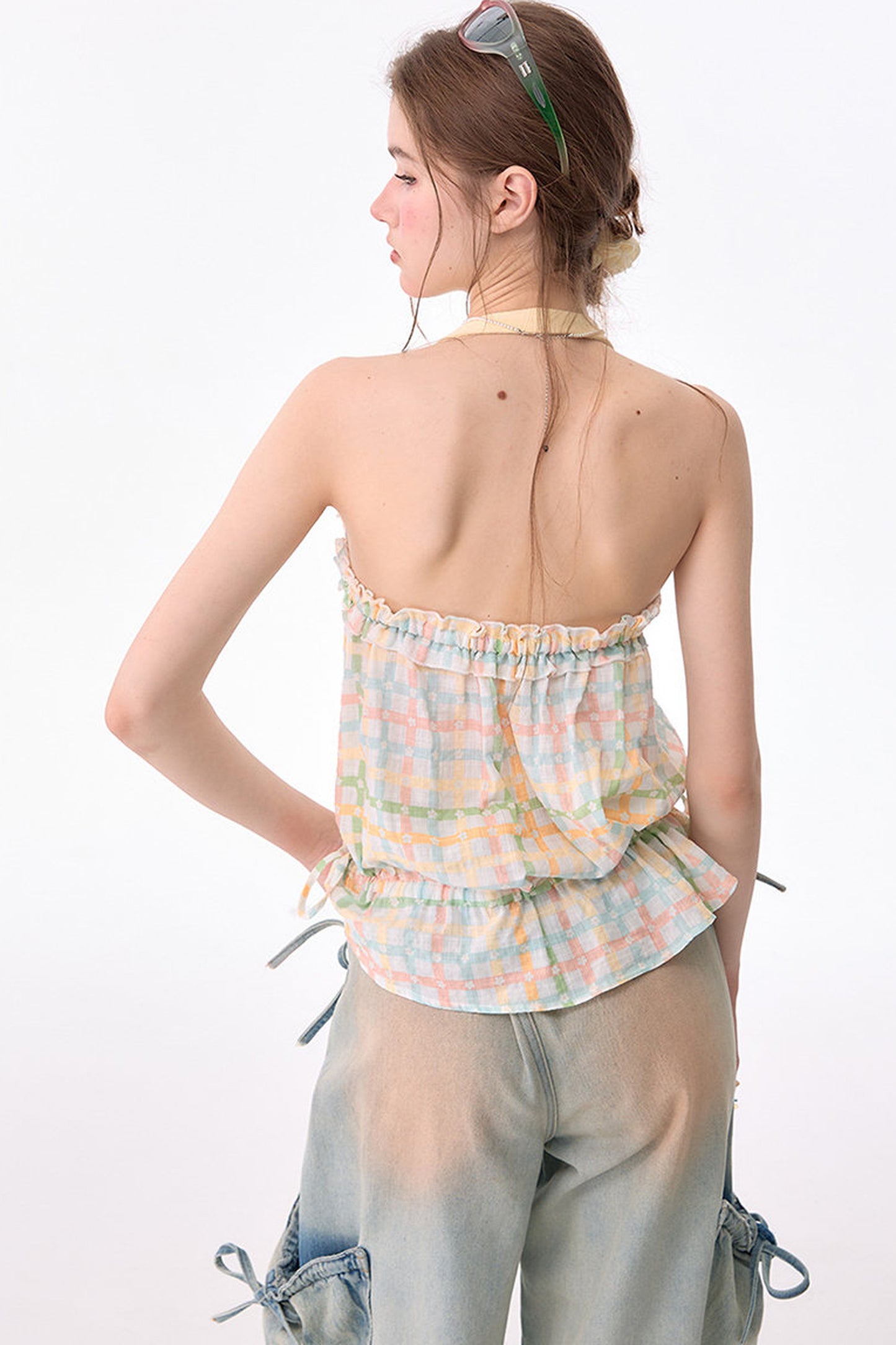 Blusa all'americana a quadri pastello