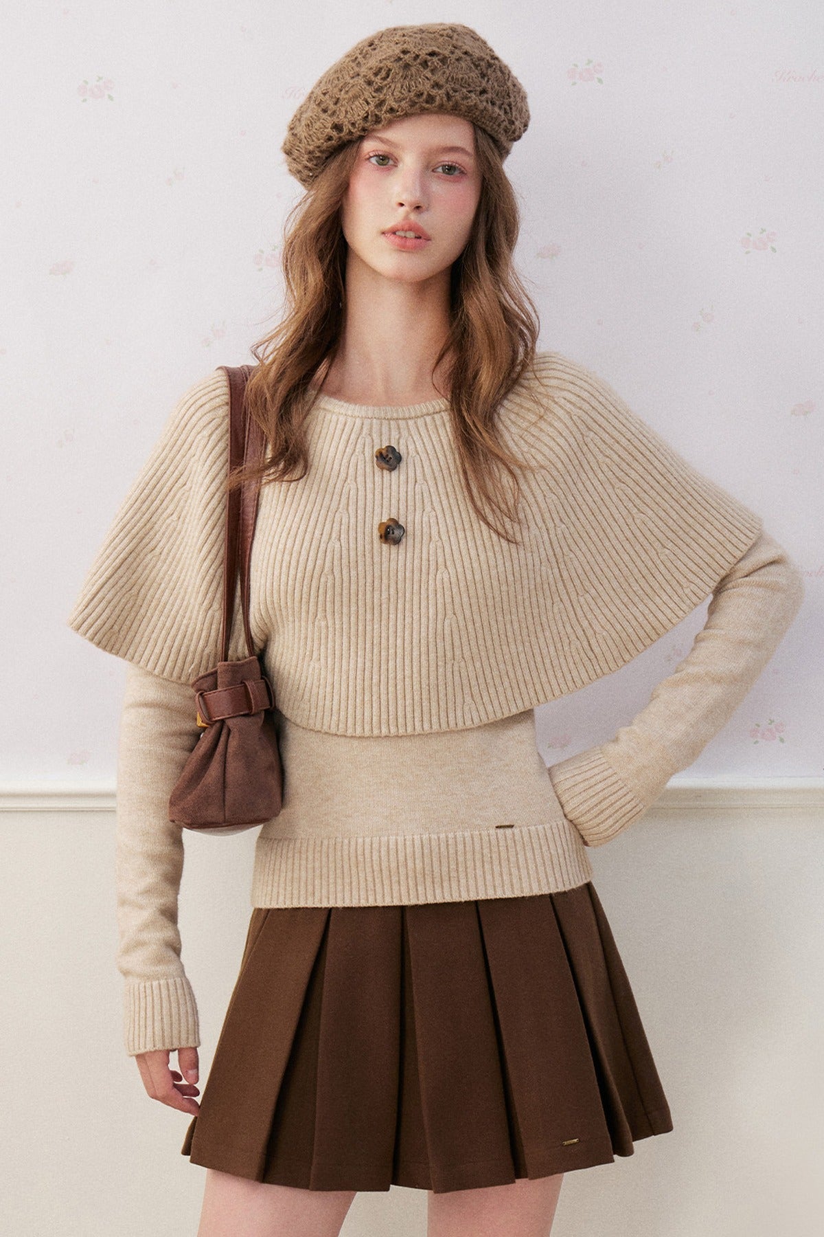 Floral Button Ribbed Cuff Cape Sweater Set