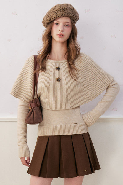 Floral Button Ribbed Cuff Cape Sweater Set
