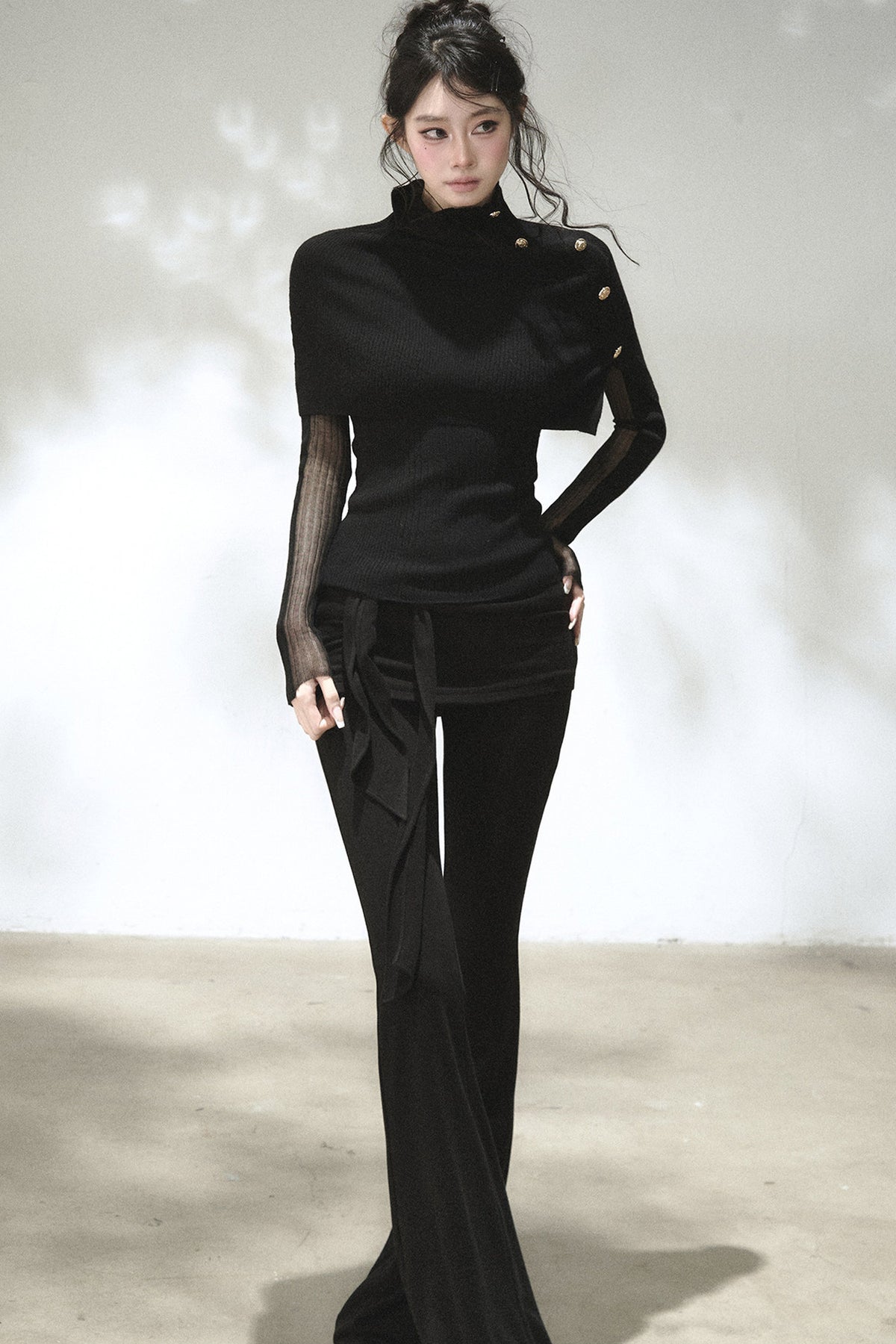 Fold-Over Waist Lace Tie-Up Flared Pants