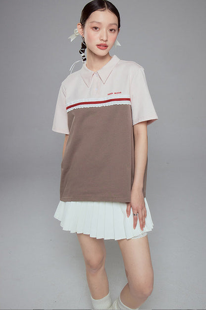 Color Block Lace Trim Cotton Polo