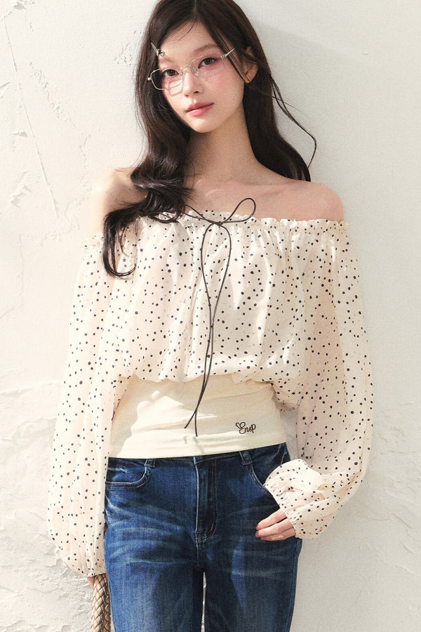 One-Shoulder Polka Dot Chiffon Top and Vest Set-Up