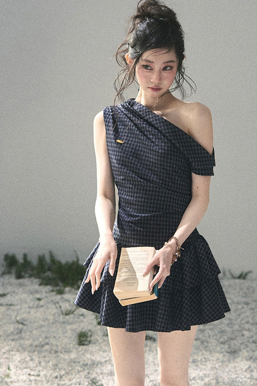 Moonlight Plaid Off-Shoulder Dress