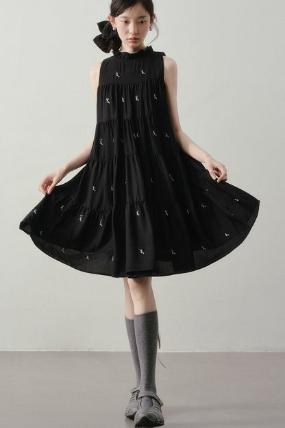 Embroidered Sleeveless Ruffle Stand Collar Dress