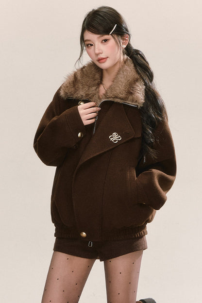Maillard Fur Collar Woolen Jacket and Shorts Set-Up