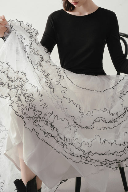 White Puffy Black Ruffle Stitching Skirt