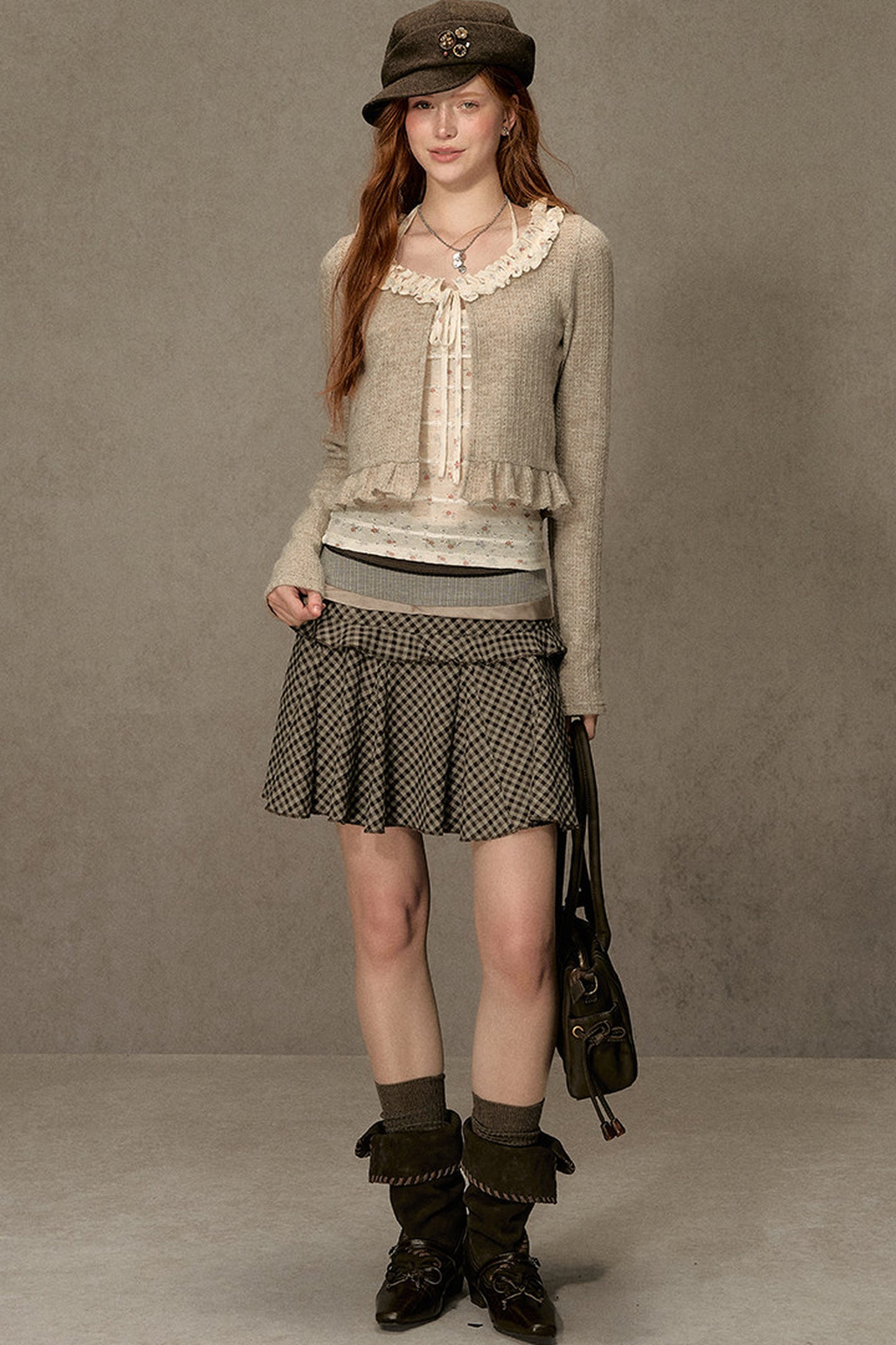 Ruffled Knit Cardigan With Camisole