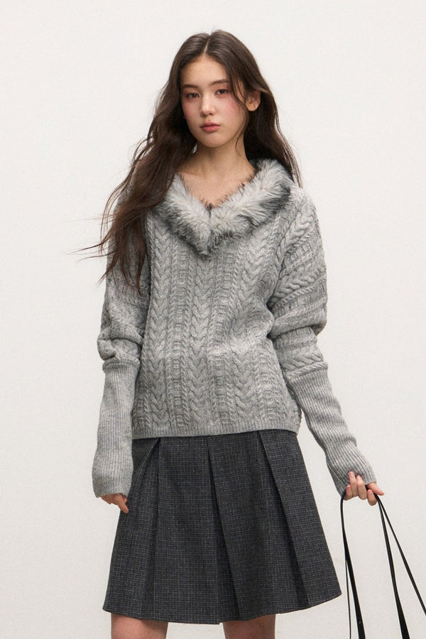 Fur Collar Knit Top and Skirt Set-Up