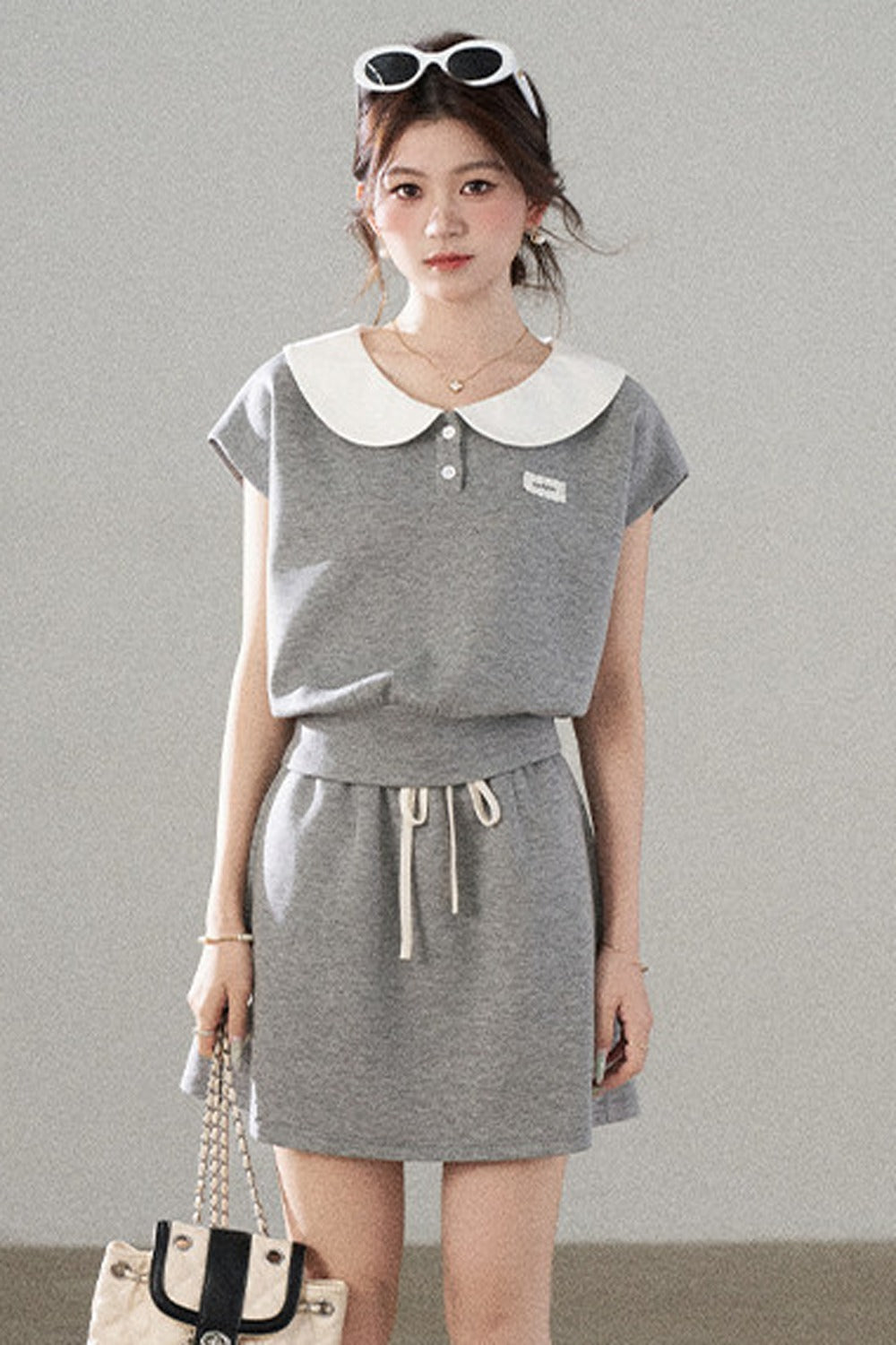 Gray Doll Collar Short-Sleeve Top and Skirt Set-Up