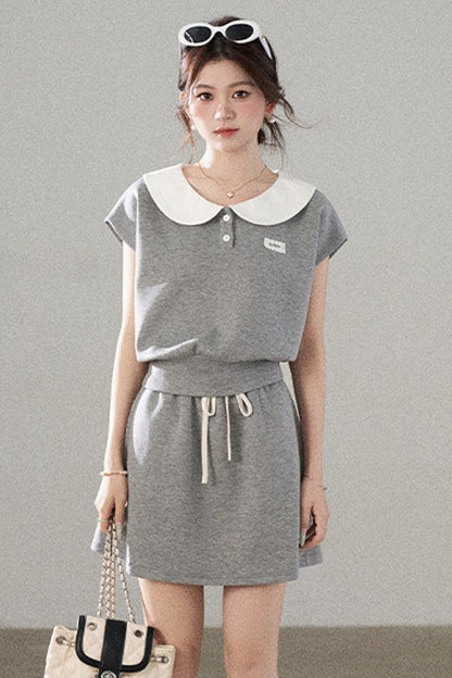 Gray Doll Collar Short-Sleeve Top and Skirt Set-Up
