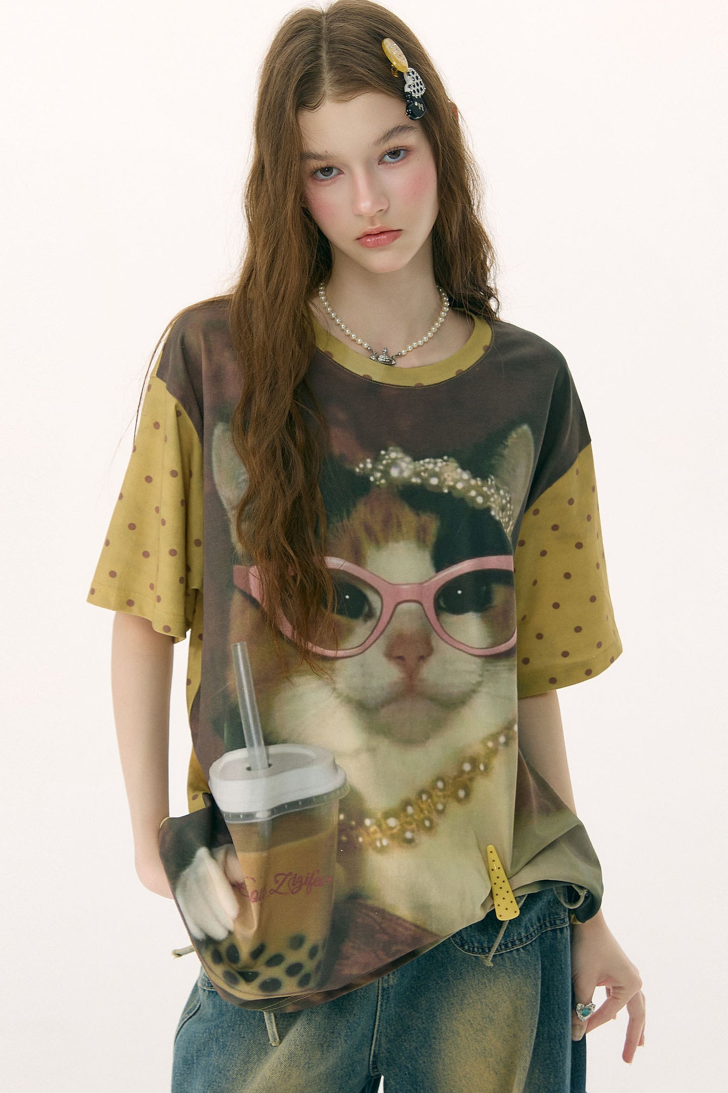 Locker sitzendes Kurzarm-T-Shirt mit Katzenprint