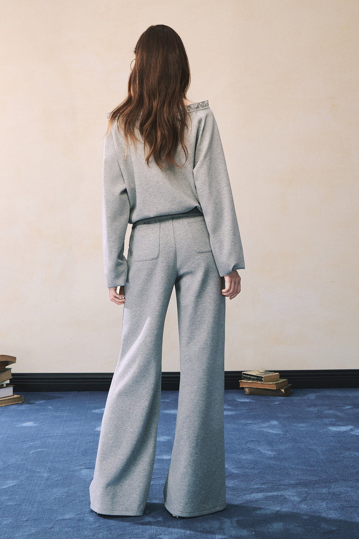 Gray Off-Shoulder Sweatshirt and Sweatpants Skirt Set-Up