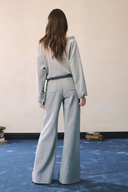 Gray Off-Shoulder Sweatshirt and Sweatpants Skirt Set-Up