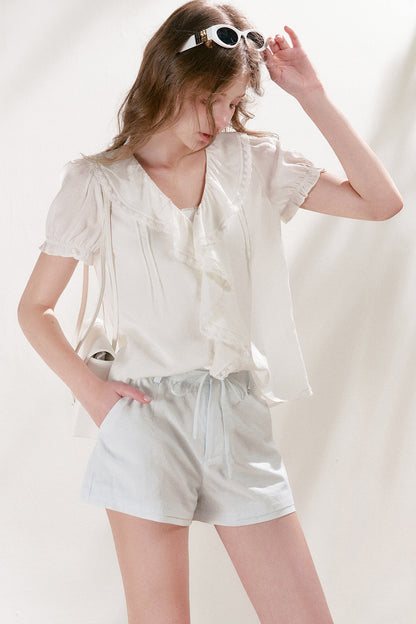 Mulberry Silk Lace Ruffle V-Neck Top