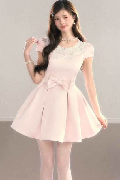 Satin Embroidery Bow A-Line Dress