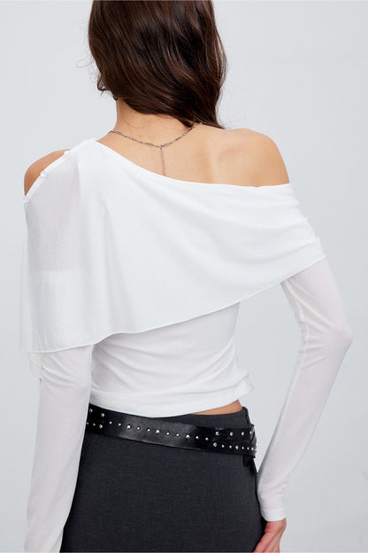 Asymmetric One-Shoulder Button Shawl Long Sleeve Top