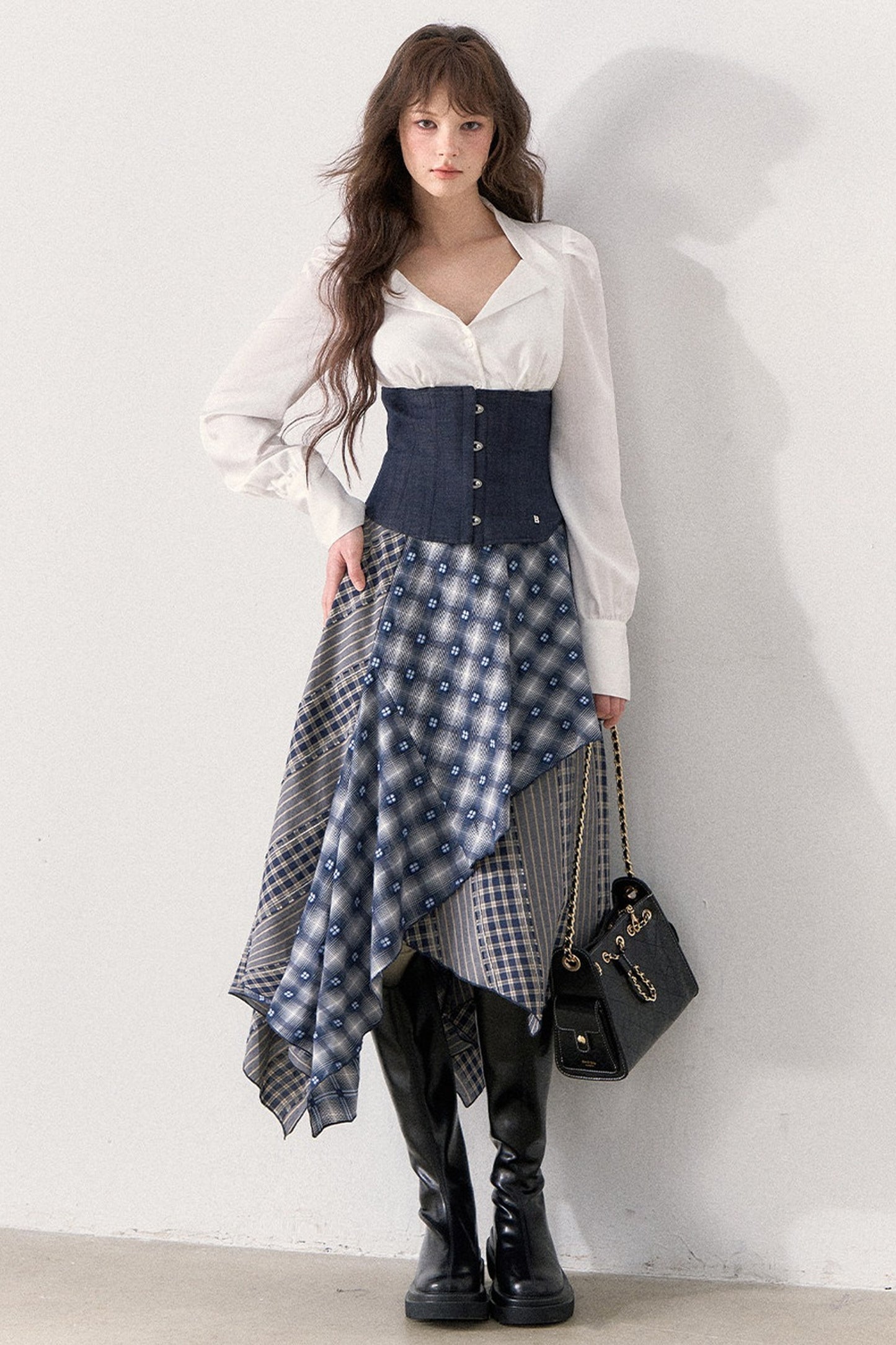White Shirt and Denim Waistband Asymmetrical Plaid Skirt Set-Up