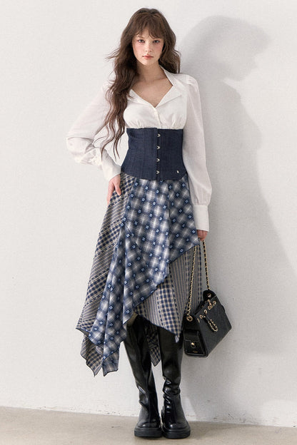 White Shirt and Denim Waistband Asymmetrical Plaid Skirt Set-Up