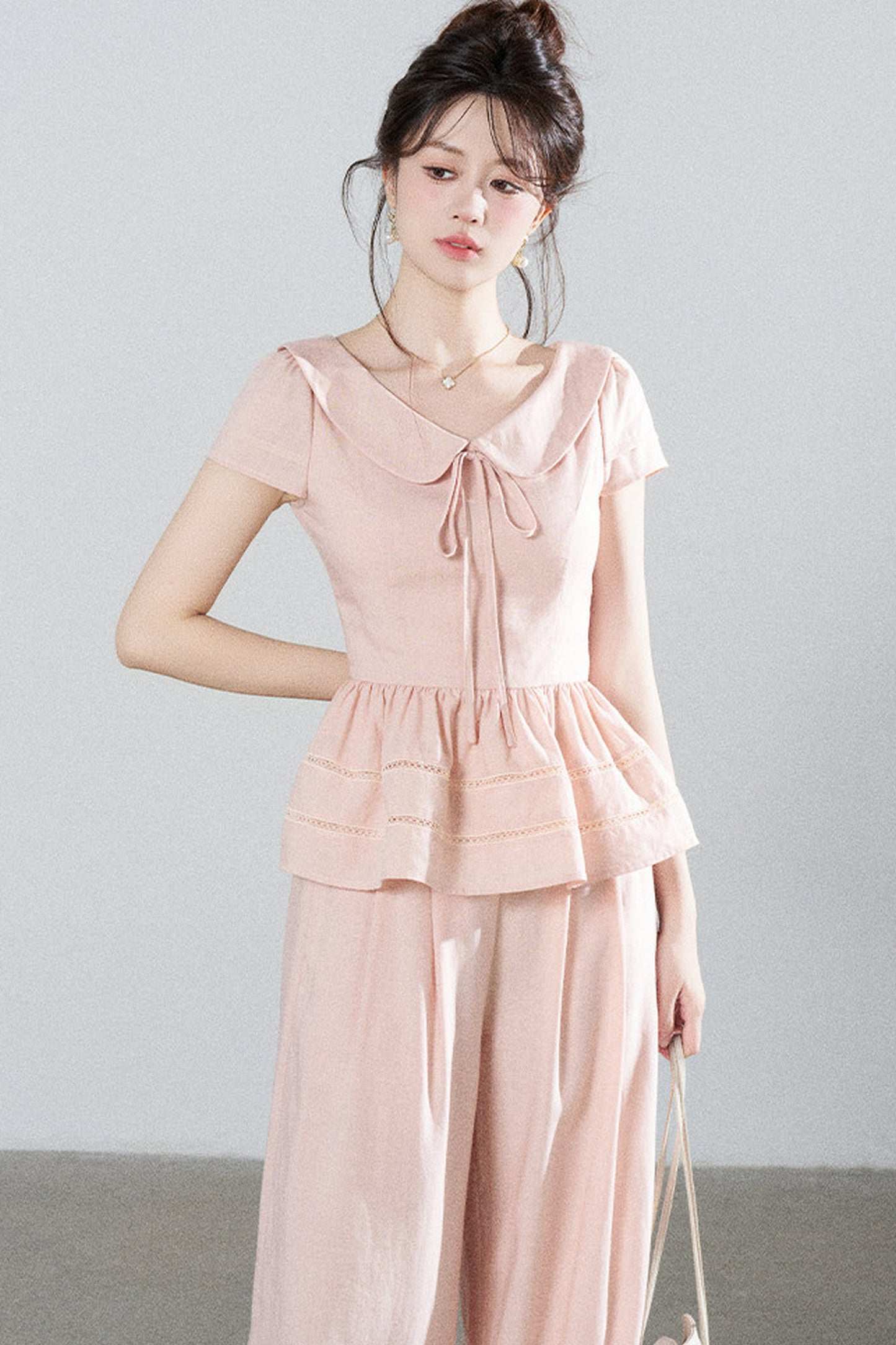 Ensemble chemise rose en Tencel à col Claudine et pantalon large