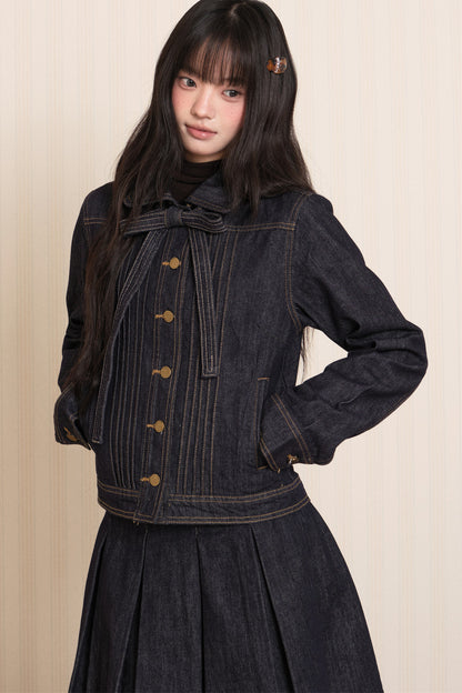 Washed Denim Lapel Tie Jacket