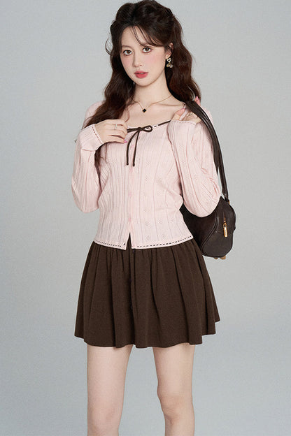 Hollow-Out Knit Cardigan and Skirt Set-Up