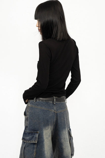 Black Studded V-Neck Long Sleeve Top
