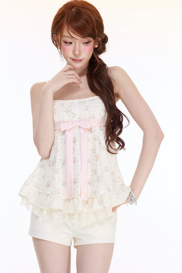Peach Floral Strapless Top and Shorts Set