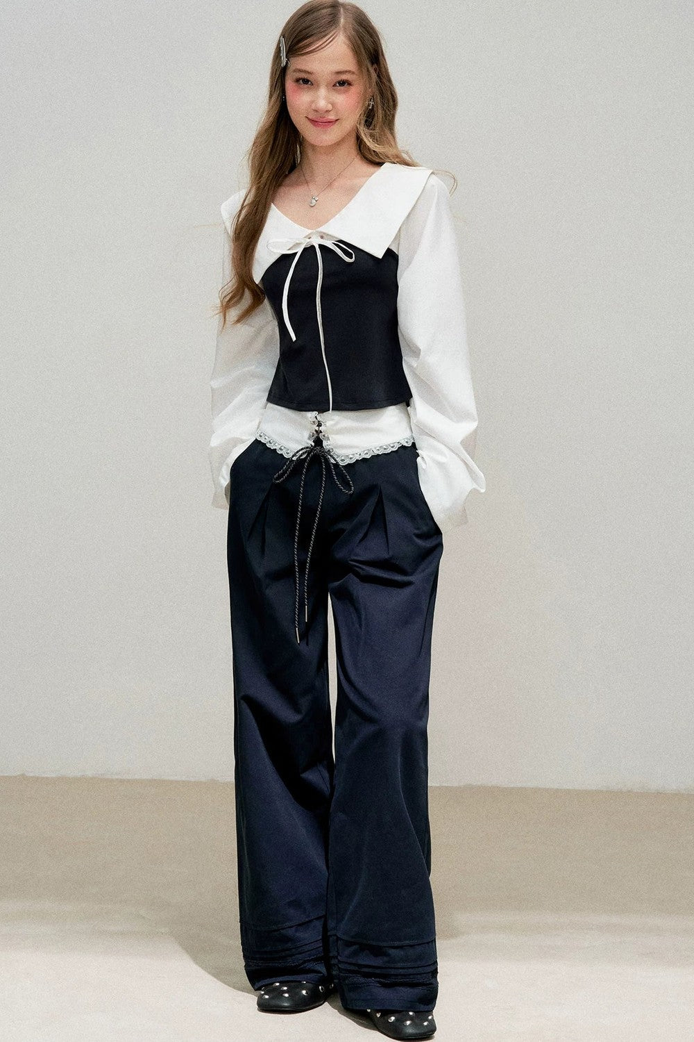 Navy Bow Patchwork Blouse