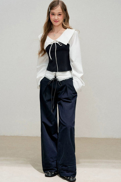 Navy Bow Patchwork Blouse