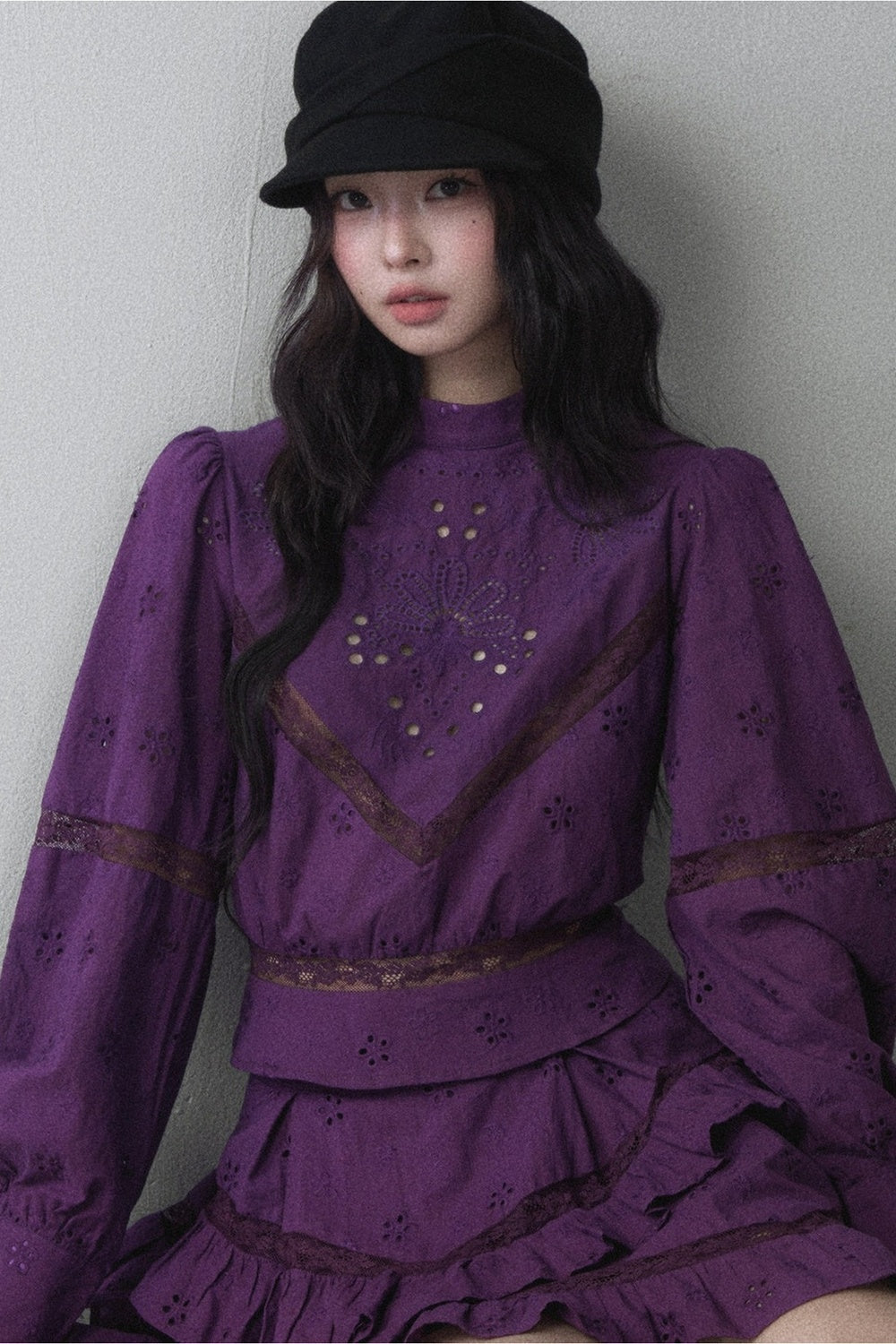 Long-Sleeved Hollow Embroidered Top and Asymmetrical Skirt Set-Up