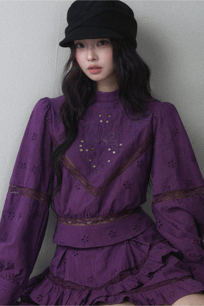 Long-Sleeved Hollow Embroidered Top and Asymmetrical Skirt Set-Up