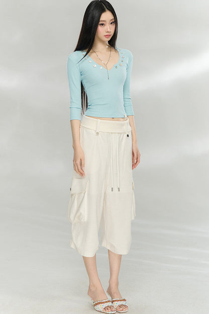 V-Neck Button Knit Top