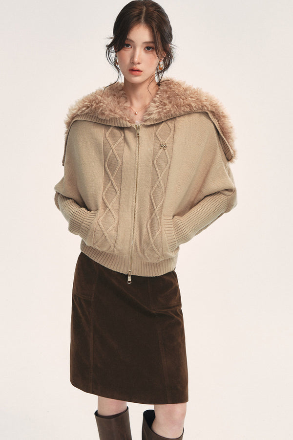 Detachable Navy Fur Collar Cable-Knit Cardigan