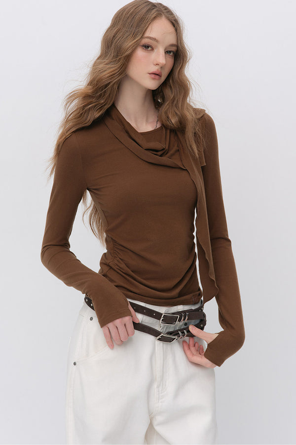 Irregular Ruched Halter Ribbon T-Shirt
