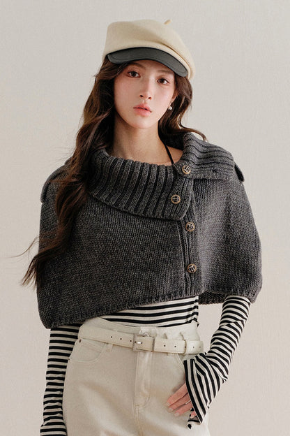 Short Button-Up Wool Cape