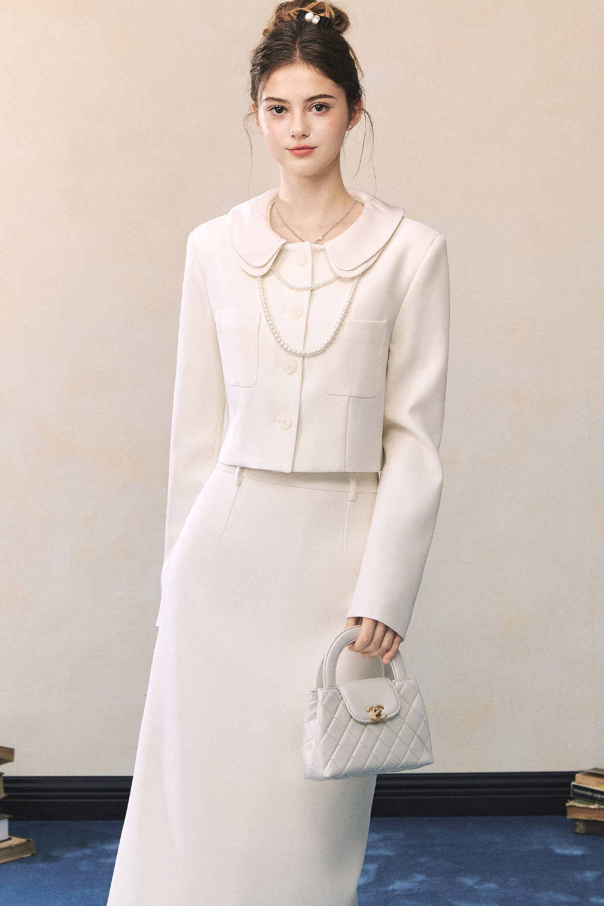 White Short Blazer And High-Waisted Skirt Set-Up
