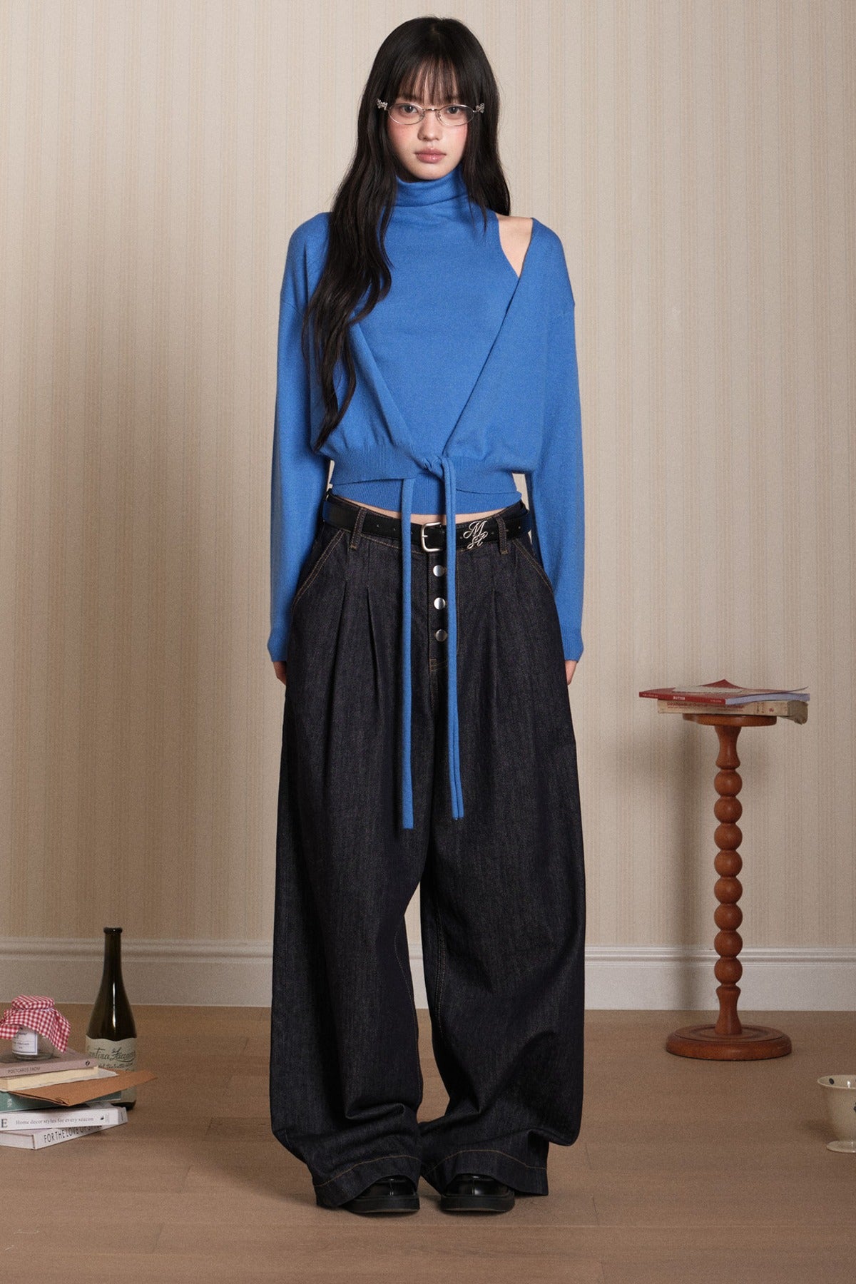 Layered High-Neck Vest and Tie-Up Cardigan Set-Up