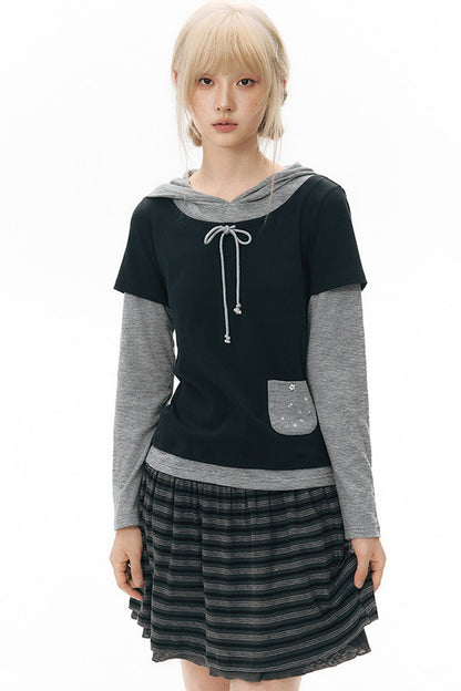 Layered-Look Hooded Long-Sleeve Top