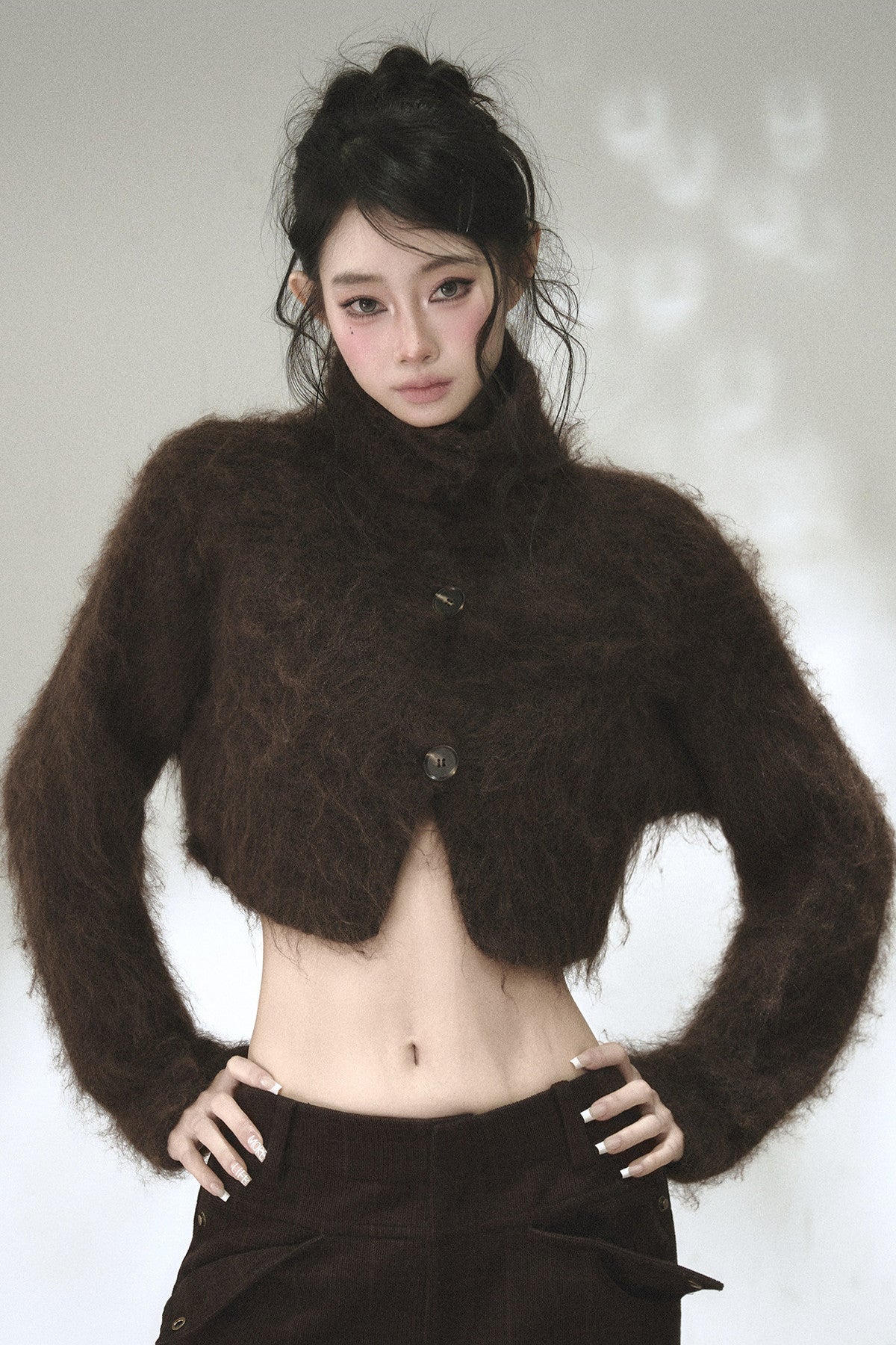 Long-Haired Turtleneck Knit Cardigan