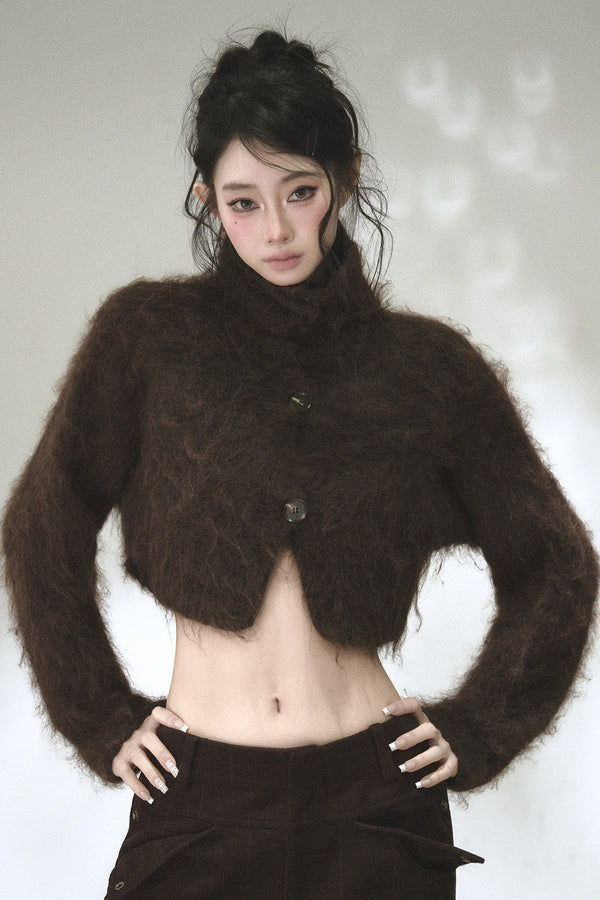 Long-Haired Turtleneck Knit Cardigan