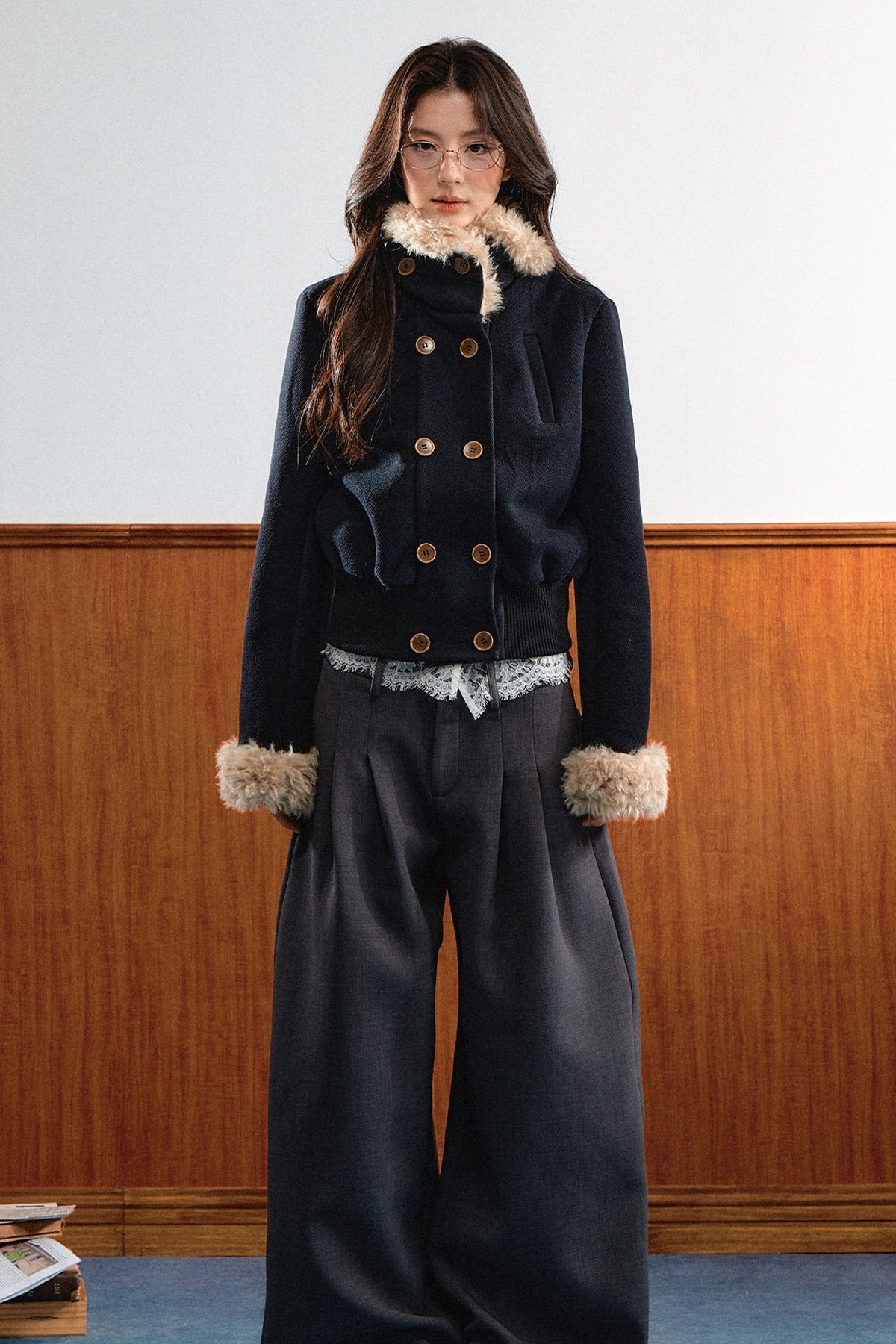 Double-Breasted Fur Trim Jacket