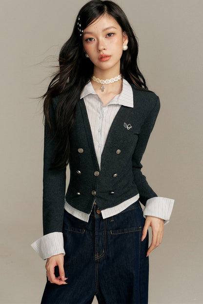 Double-Breasted Layered-Look Knit Top